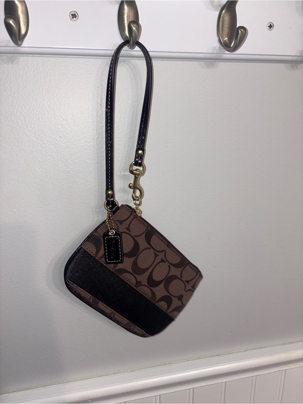 Coach Brown Signature Wristlet with Dark Trim
